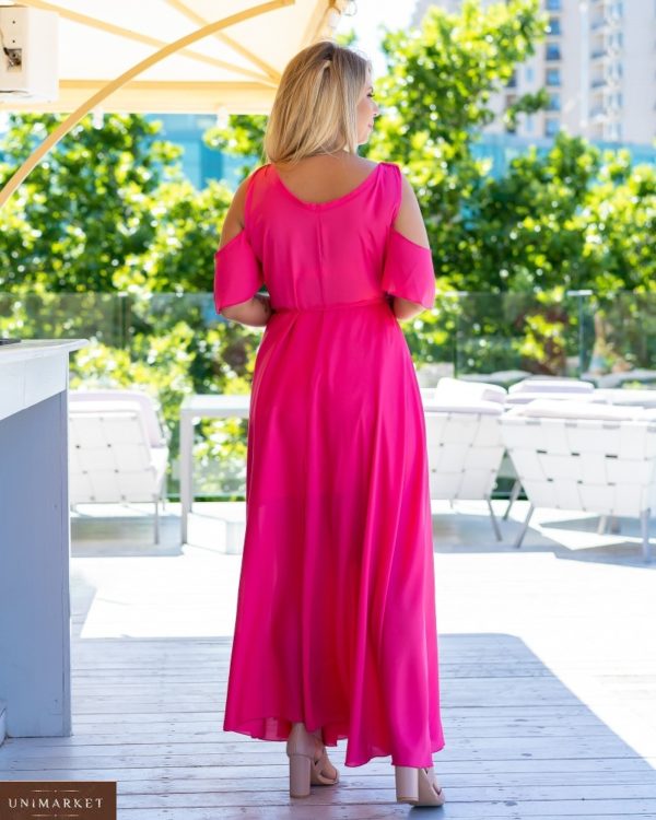 Купить нежное платье розовое на запах с открытыми плечами (размер 48-64) с поясом женское дешево