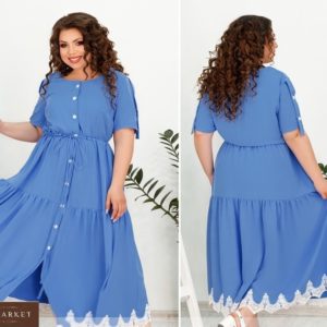 Купити блакитне жіноче плаття-сорочка довжини максі з контрастним мереживом (розмір 48-66) недорого