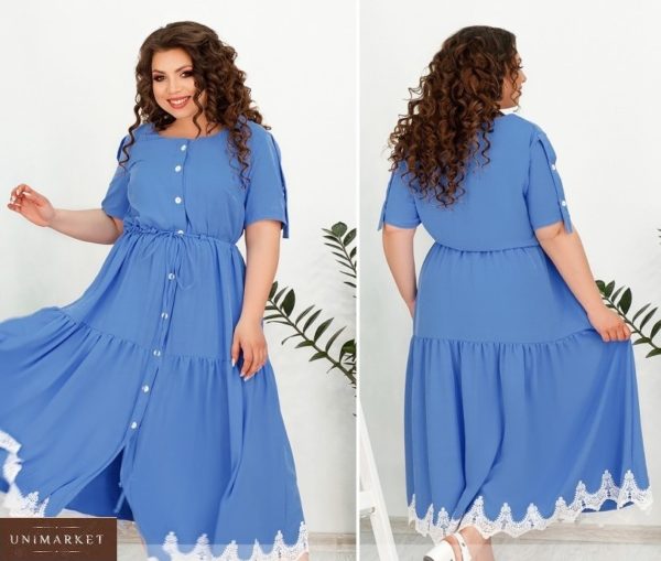 Купить голубое женское платье-рубашка длины макси с контрастным кружевом (размер 48-66) недорого