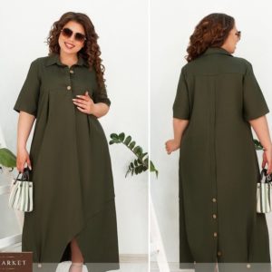 Купить хаки женское льняное платье oversize с защипами на подоле (размер 48-66) недорого