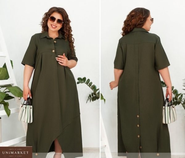 Купить хаки женское льняное платье oversize с защипами на подоле (размер 48-66) недорого