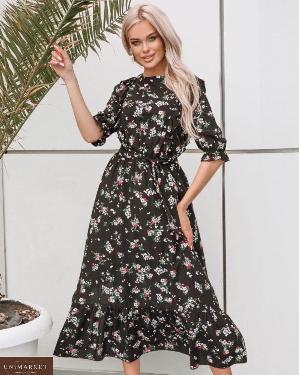 Купити жіночу Квіткове плаття з рюшами чорне і поясом (розмір 42-48) онлайн