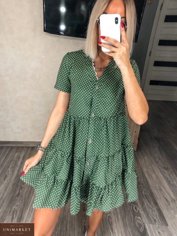 Купить для женщин платье на лето зеленое с рюшами в горошек (размер 42-52) выгодно