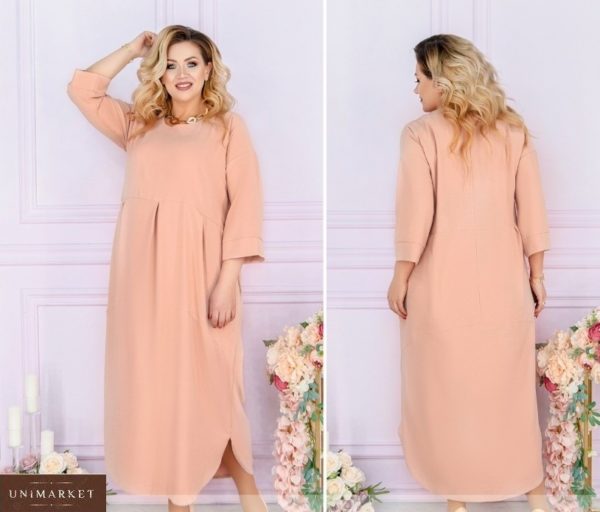 Приобрести персиковое женское свободное летнее платье миди с рукавом 3/4 (размер 48-66) в интернет-магазине