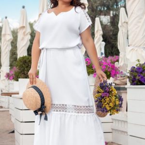 Заказать белое женское платье макси из льна с контрастными кружевными вставками (размер 48-66) по скидке