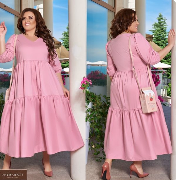 Замовити рожеве жіноче бавовняне плаття максі з V-подібним вирізом (розмір 48-66) недорого
