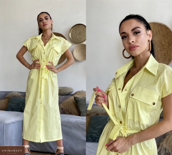 Замовити жовте жіноче плаття-сорочка з бавовни в стилі сафарі дешево