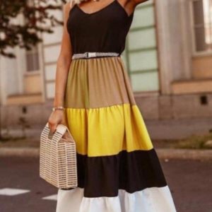 Купить желтое женское длинное платье на бретельках с многоцветной юбкой (размер 42-48) по низким ценам