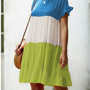 Купити блакитний / білий / салатовий жіноче триколірний яскраве плаття з штапеля (розмір 42-56) в Україні