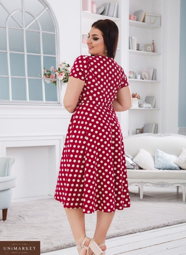Приобрести красное женское платье в горошек на запах с асимметричным подолом (размер 50-56) по низким ценам