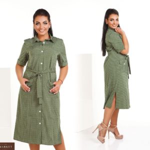 Заказать зеленое женское платье-рубашка в горошек с накладными карманами (размер 50-54) онлайн