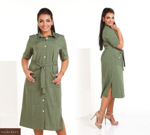 Замовити зелене жіноче плаття-сорочка в горошок з накладними кишенями (розмір 50-54) онлайн