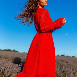 Купити жіночу червону сукню з поясом і воланами (розмір 42-54) вигідно