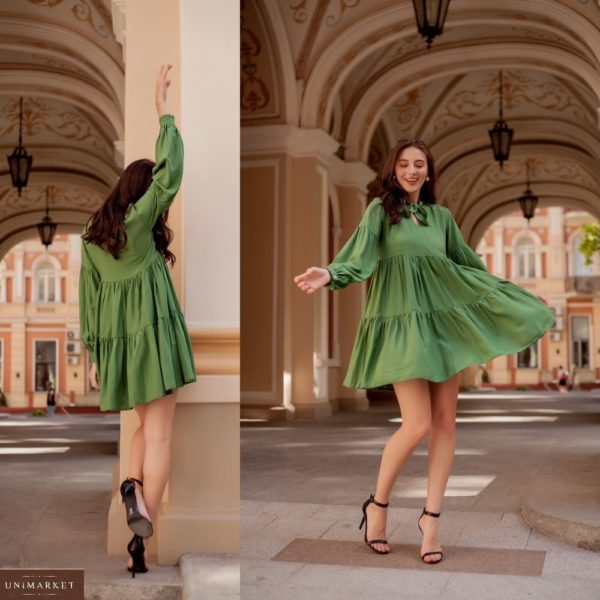 Купити зелену жіночу вільну сукню з воланами з зав'язкою на шиї (розмір 42-52) недорого