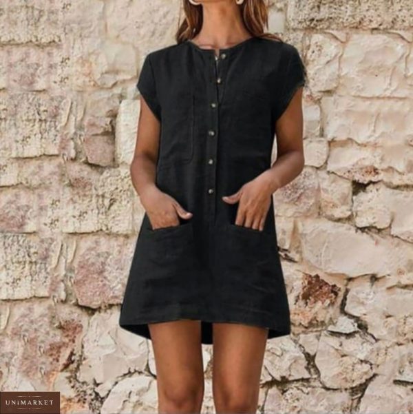 Купить черное платье-рубашку из льна по скидке с карманами (размер 42-52) батал женское