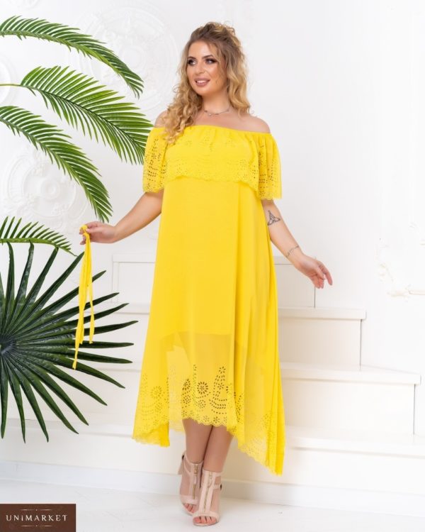 Приобрести желтое платье из шифона с перфорацией женское с открытыми плечами (размер 48-50) по специальным предложениям