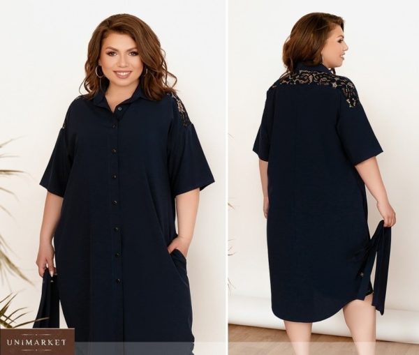 Купить черное женское платье-рубашка из софта с поясом (размер 48-66) дешево