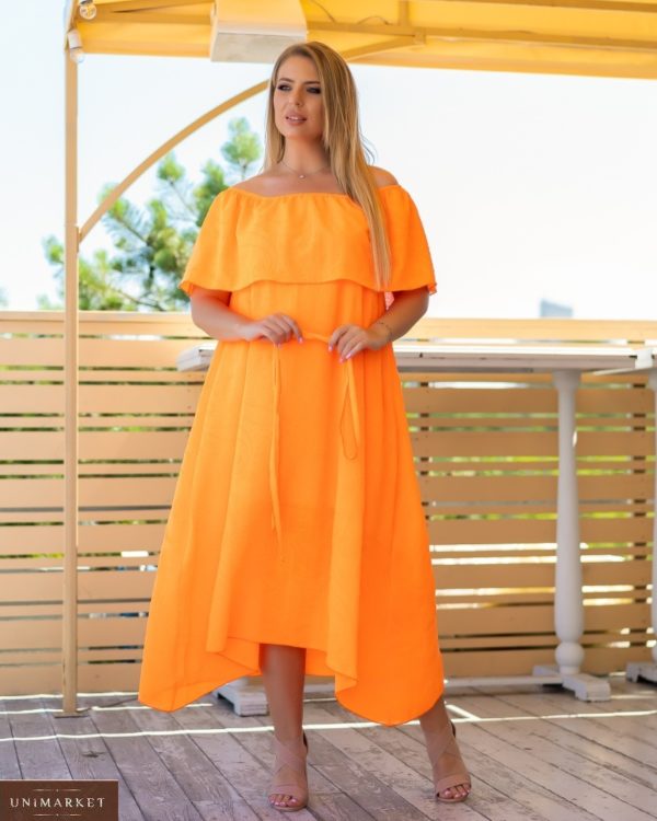 Заказать оранжевое на лето легкое платье из шифона для женщин с выдавленным рисунком размер 48-62 XL+ онлайн