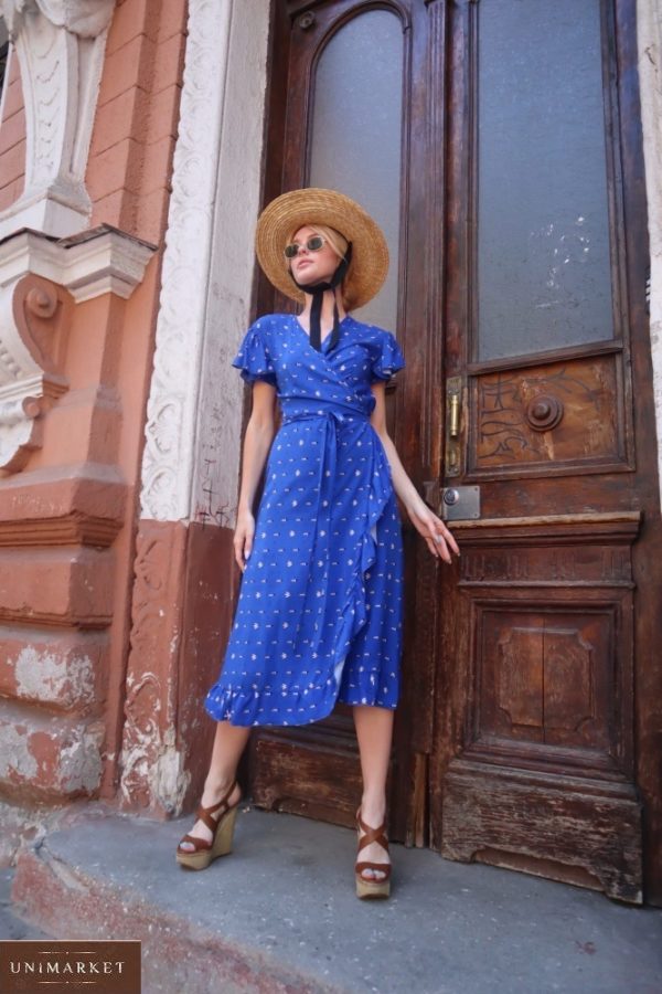 Купити яскраве синє плаття на літо на запах з штапеля для жінок з пишними рукавами (розмір 42-54) вигідно