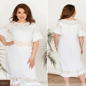 Заказать белое женское льняное платье с ажурным кружевом и рюшами (размер 48-66) дешево