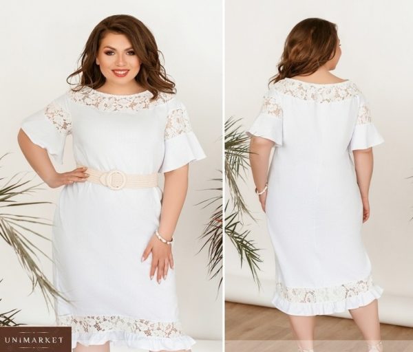 Заказать белое женское льняное платье с ажурным кружевом и рюшами (размер 48-66) дешево