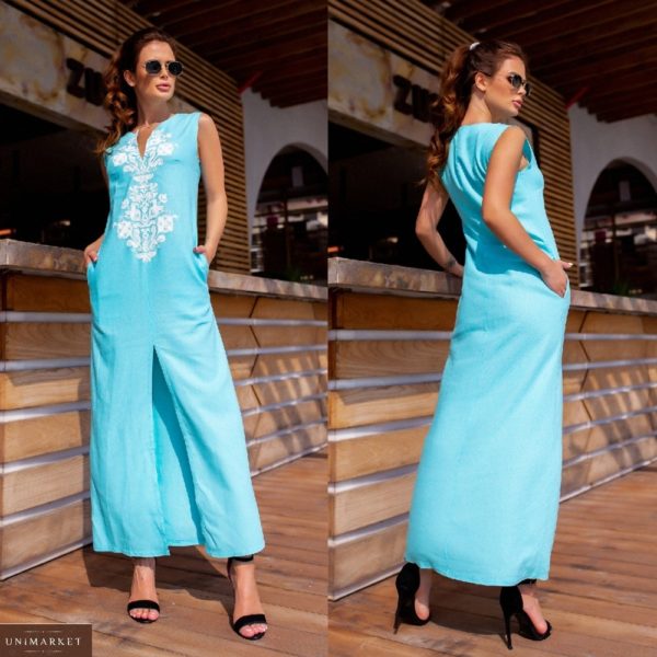 Приобрести женское платье макси из льна с узором (размер 42-48) голубого цвета выгодно