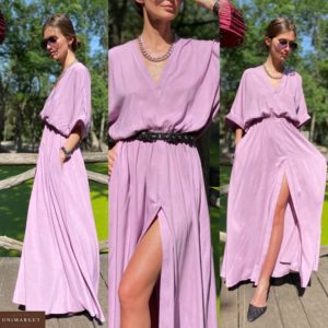 Купить лиловое женское платье со свободными рукавами в пол из штапеля по скидке