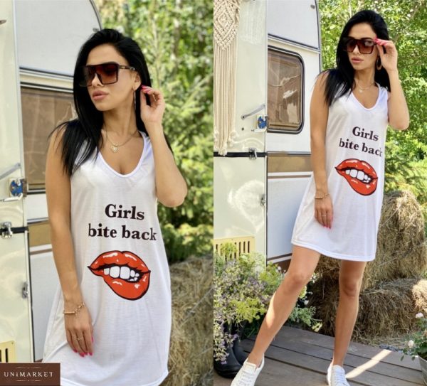 Заказать белое женское трикотажное платье без рукавов с принтом в интернете