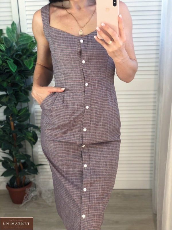 Купити меланж жіночу літню сукню міді з принтом смужка, клітина онлайн