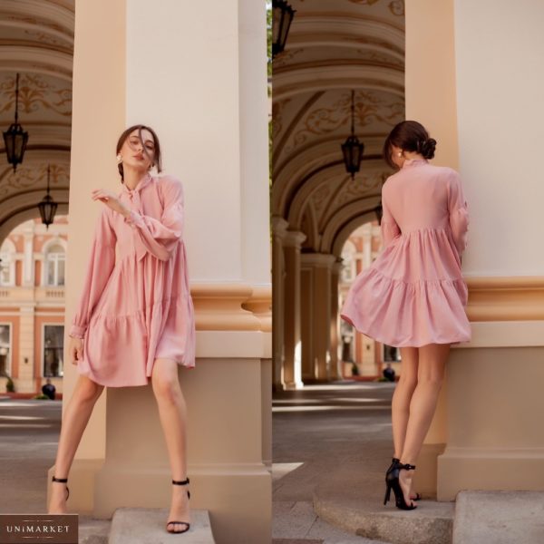 Купити рожеве жіноче вільне плаття з воланами з зав'язкою на шиї (розмір 42-52) по знижці