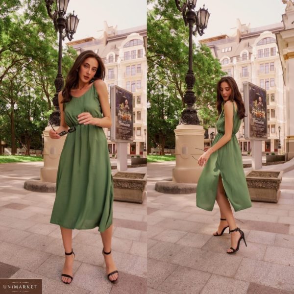 Заказать зеленое женское летнее платье миди с бретельками-завязками (размер 42-58) онлайн