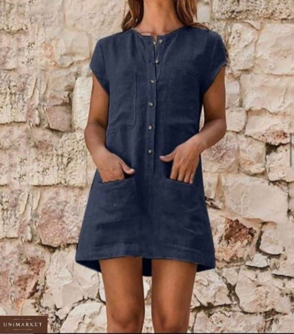 Замовити синє плаття-сорочку з льону для повних жінок з кишенями (розмір 42-52) за низькими цінами
