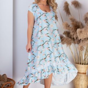 Купити блакитного кольору з принтом квіти, полунички (розмір 48-60) для жінок плаття з штапеля з мереживною вставкою вигідно