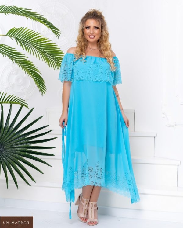 Заказать голубое платье из шифона с перфорацией с открытыми плечами размера 48-50 XL+ дешево
