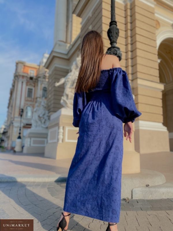 Заказать синего цвета с объемными рукавами платье макси из льна для женщин с вышивкой (размер 42-58) онлайн