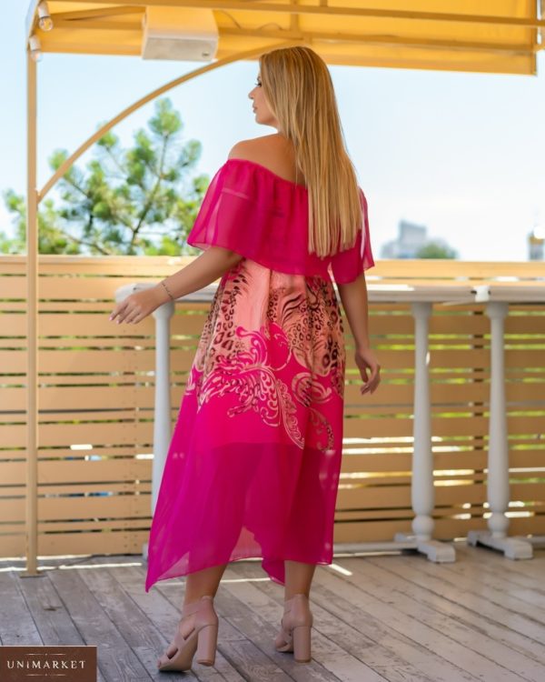 Заказать женское с принтом с открытыми плечами малиновое шифоновое платье (размер 48-62) в Украине