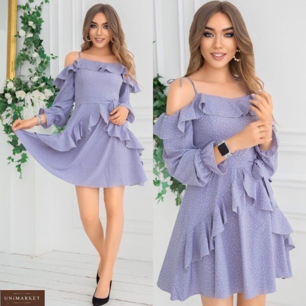 Заказать лиловое платье с открытыми плечами в горошек для женщин с рюшами (размер 42-48) в Украине