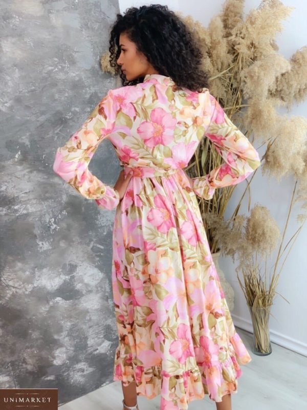 Купить женское принтованное платье с поясом с длинным рукавом розовое (размер 42-50) хорошего качества