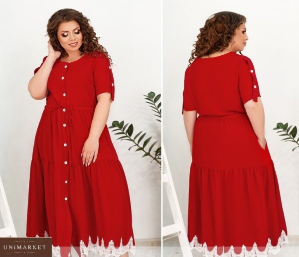Придбати червоне жіноче плаття-сорочка довжини максі з контрастним мереживом (розмір 48-66) дешево