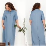 Заказать голубое женское льняное платье oversize с защипами на подоле (размер 48-66) выгодно