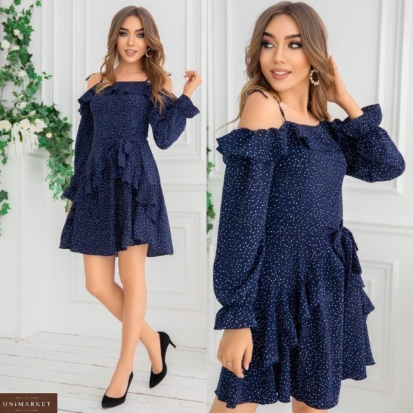 Купить темно-синего цвета с рюшами платье с открытыми плечами для женщин в горошек (размер 42-48) онлайн