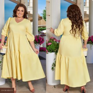 Заказать желтое женское хлопковое платье макси с V-образным вырезом (размер 48-66) в интернете