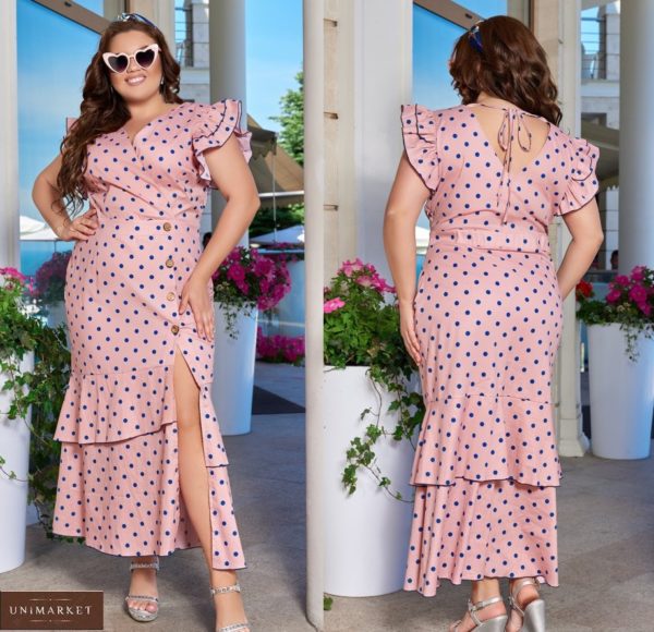 Замовити рожеве жіноче довге плаття в горошок з розрізом внизу (розмір 48-58) в інтернеті
