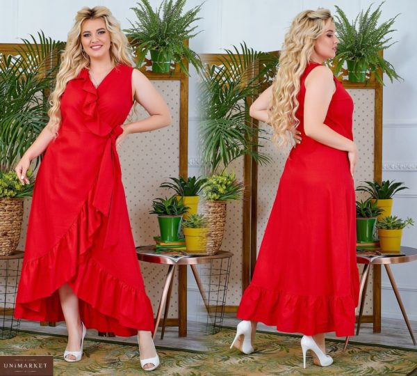 Купить красное женское платье из натурального льна в романтическом стиле на запах (размер 50-64) дешево