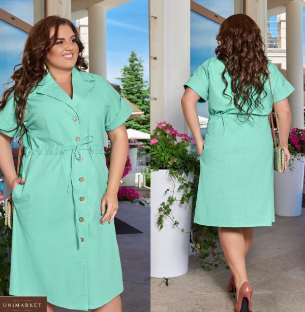 Купить бирюзовое женское платье-рубашка из натурального льна (размер 48-66) в Украине