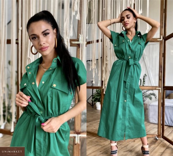 Купить зеленое женское платье-рубашка из хлопка в стиле сафари по специальной цене