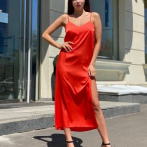 Замовити червоне жіноче плаття комбінація з шовку armani з розрізом за низькими цінами