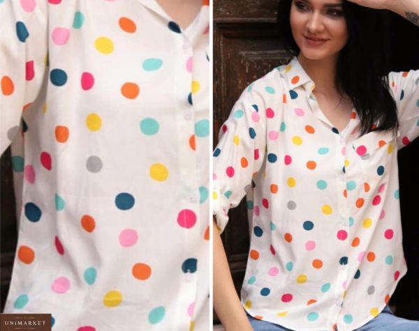 Купить рубашку в разноцветный горошек из штапеля с принтом сердечки, горошек (размер 42-48) для женщин белого цвета недорого