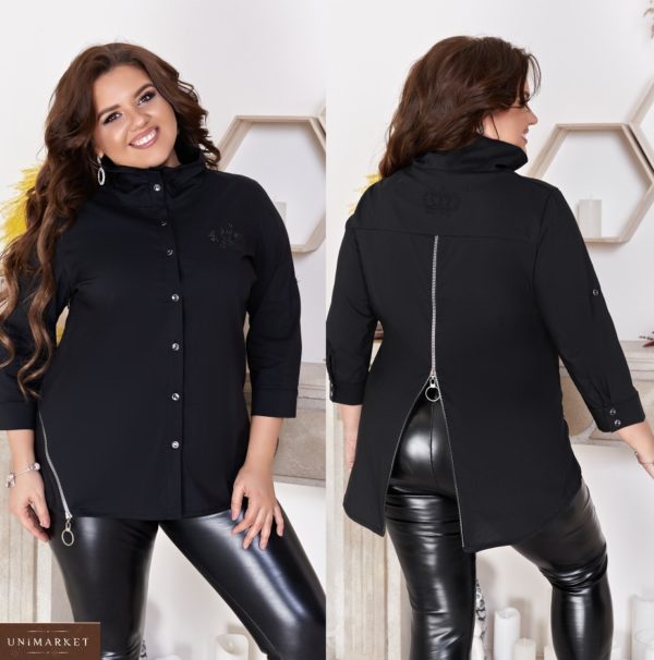 Замовити чорну жіночу стильну сорочку з оригінальним коміром і змійкою (розмір 48-66) по знижці