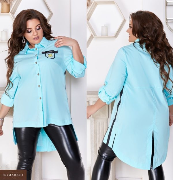 Замовити блакитну жіночу подовжену сорочку на ґудзиках з лампасами (розмір 48-66) вигідно